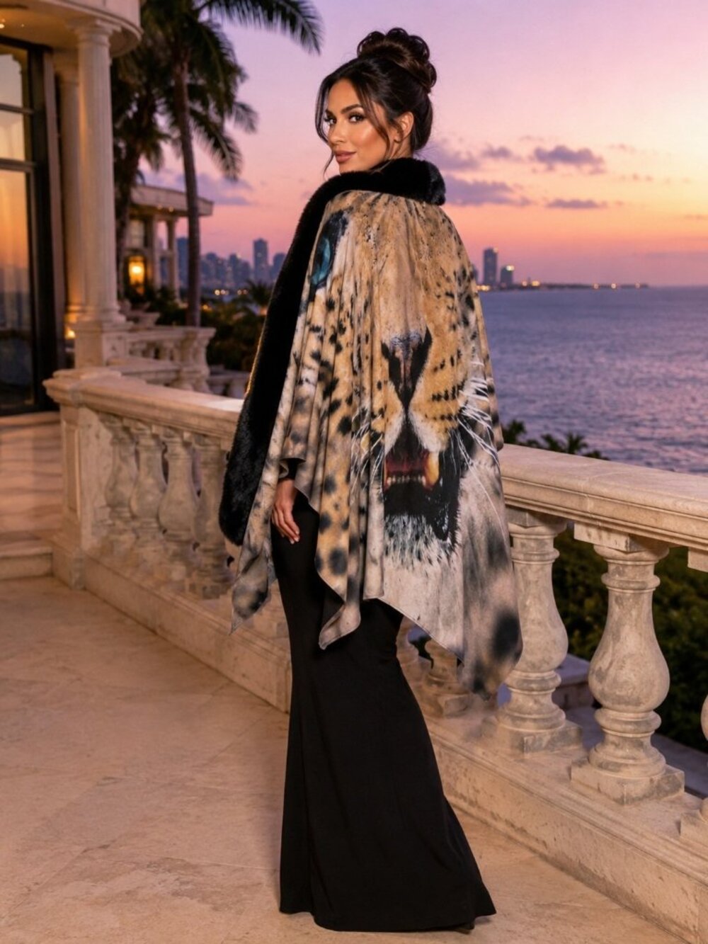 Vtg y2k Jessica McClintock Wrap Leopard Jaguar Blue Eyes Faux Fur Cape Formal